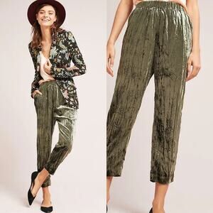 Anthropologie ETT:TWA Olive Green Kinley Crushed Velvet Cropped Trouser Pants XS